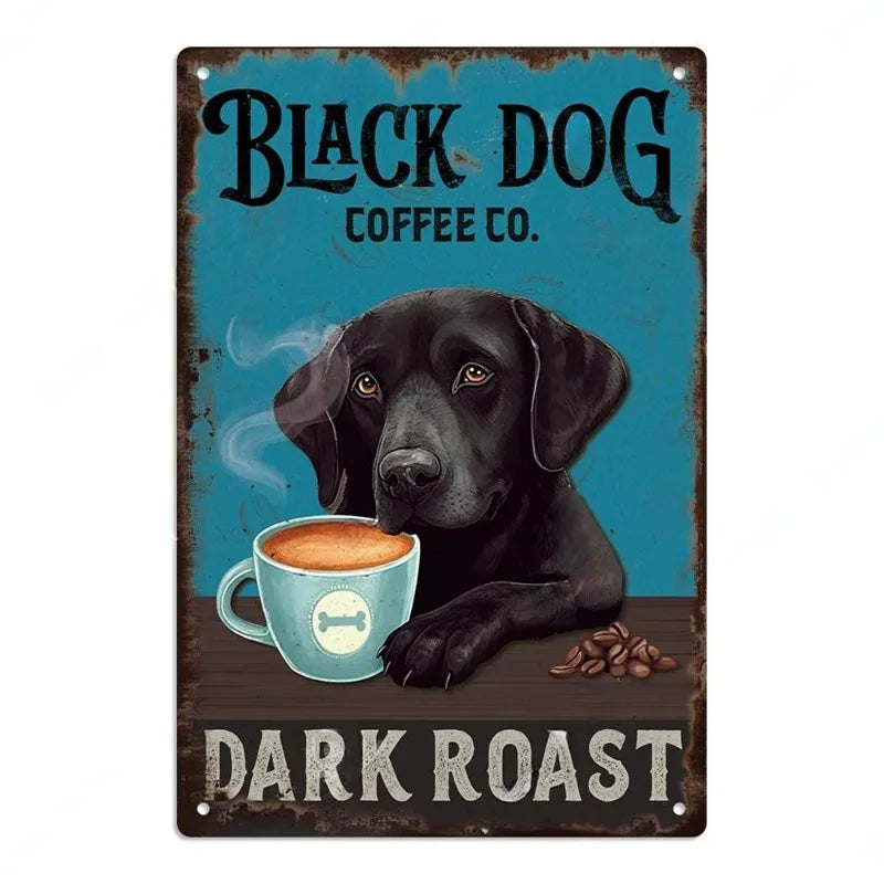 Coffee Cat Tin Sign, Retro Metal Kitchen and Cafe Wall Decor