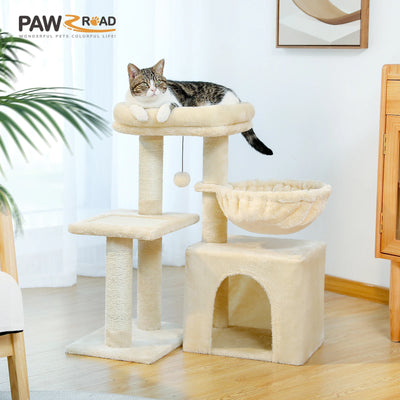 Small Cat Tree for Indoor Cats – 3-Tier Cat Tower with Scratching Posts, Cozy Hammock & Removable Top Perch