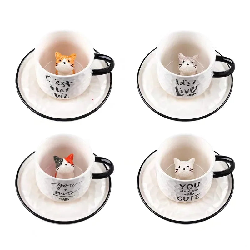Hidden Kitten Cup and Saucer, Ceramic Coffee Cup With 3D Cat Inside