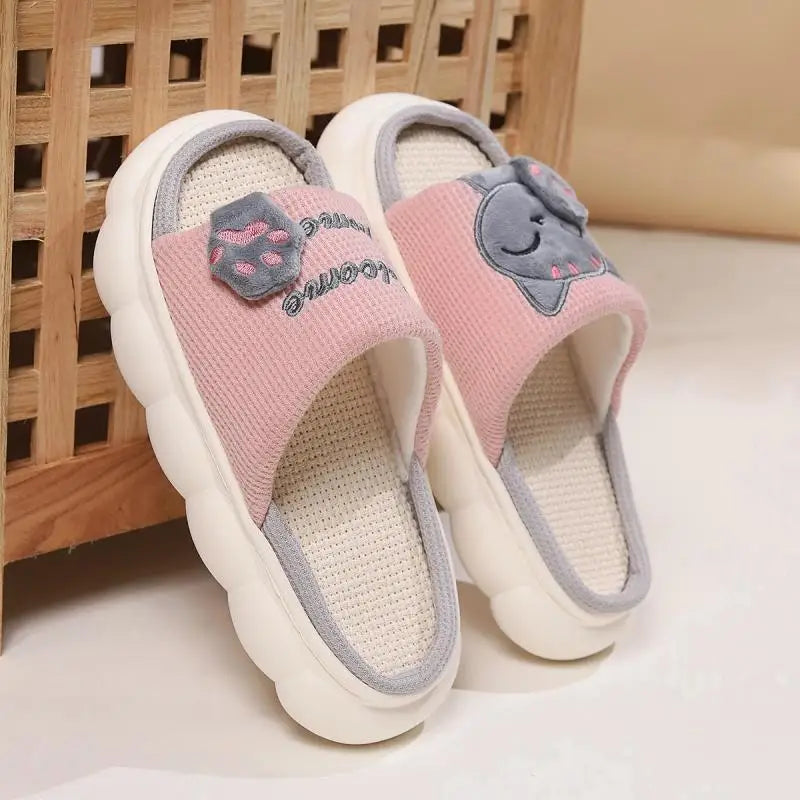 Embroidered Cat Slippers with Hemp Insole and Low Platform