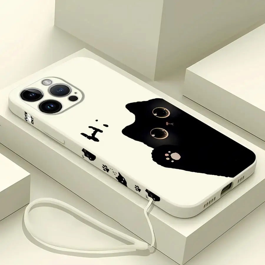 Peeking Black Cat Phone Case With Side Paw Print Design and Wrist Lanyard