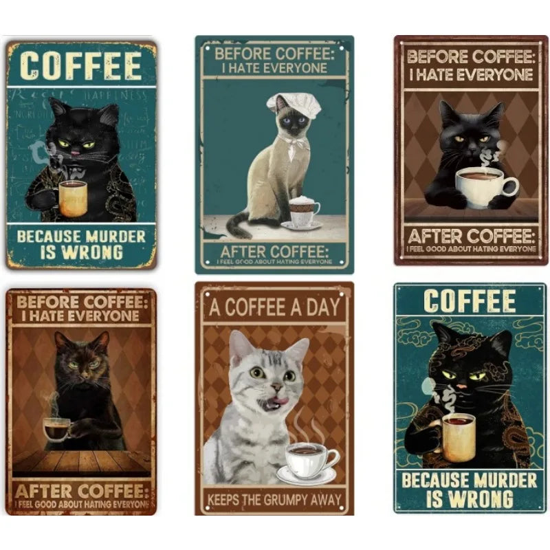 Coffee Cat Tin Sign, Retro Metal Kitchen and Cafe Wall Decor