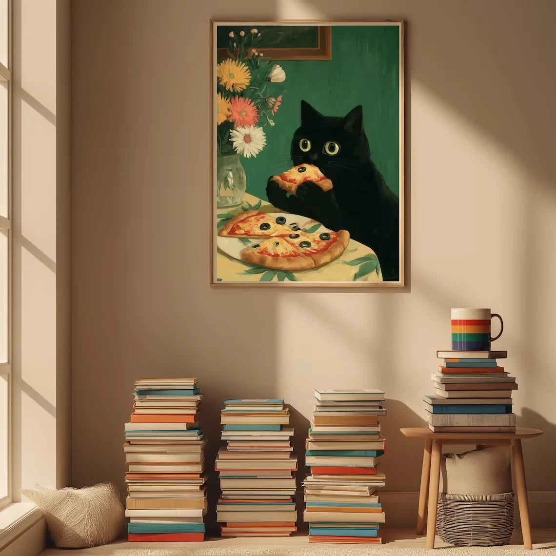 Funny Black Cat Kitchen Wall Art, Whimsical Food Lover Print