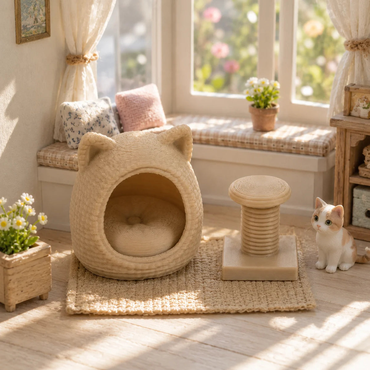 Miniature Cat Bed and Cat Tree Set for 1:12 Dollhouses