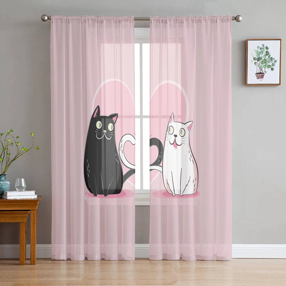 Cartoon Cat Sheer Curtains, Printed Voile Window Panels Set of 2