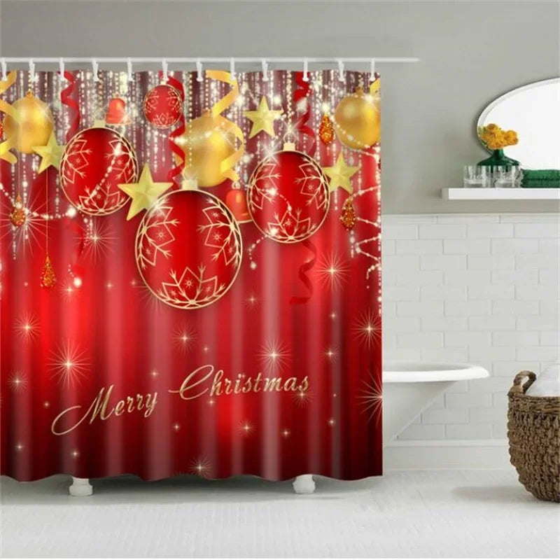 Christmas Shower Curtain with Snowman and Santa, Hooks Included