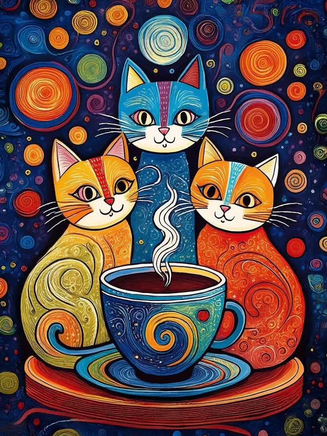 Geometric Cat Diamond Painting Kit, 5D Round Drill Wall Art