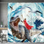 Cute Cat and Dinosaur Shower Curtain with 12 Hooks Included
