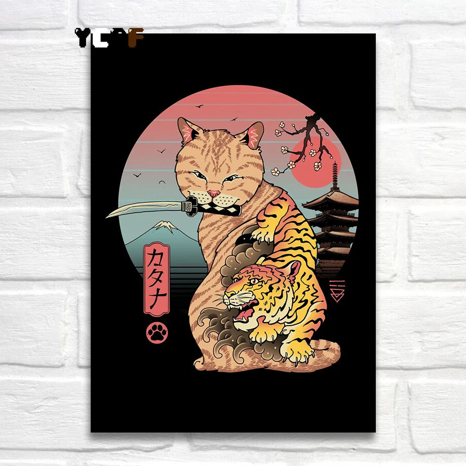 Tattoo Cats Canvas Print, Vintage Tattoo Parlor Cat Wall Art