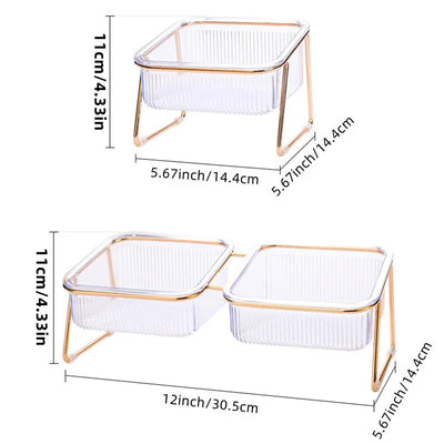 Clear Ribbed Cat Bowls on a Gold Stand, Square Tilted Bowls, Single or Double