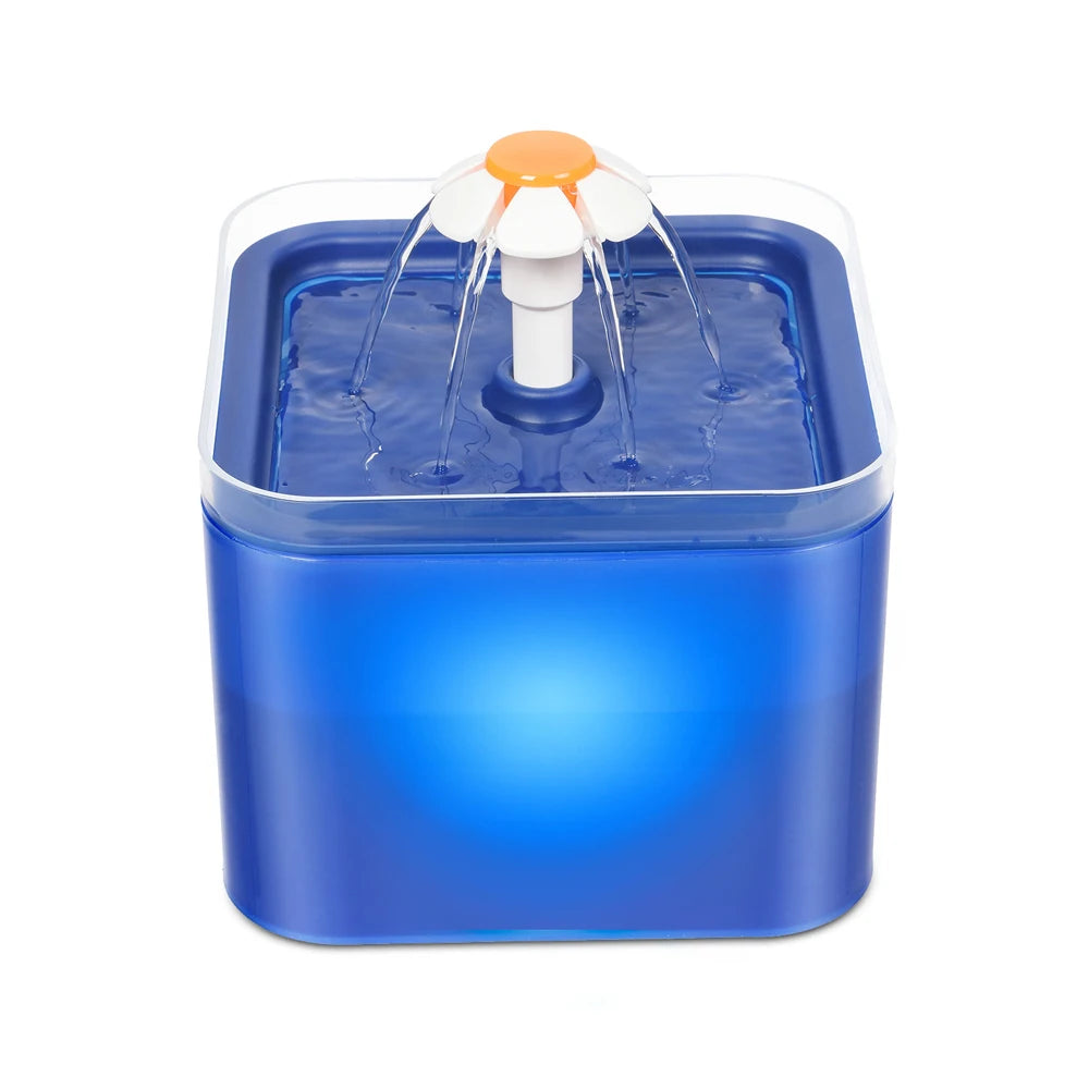 2L Cat Water Fountain With LED Light, Square Blue Fountain With Flower Spout