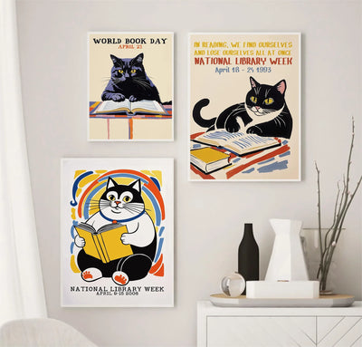 Black Cat Reading Books Canvas Print, Bookish Cat Wall Art for Reading Nooks