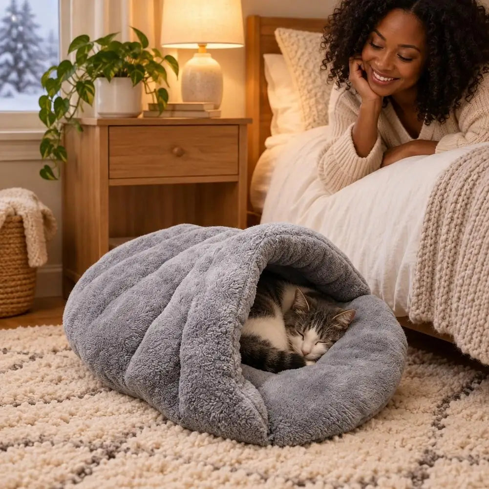 Tunnel Style Cat Sleeping Nest with Fleecy Hood