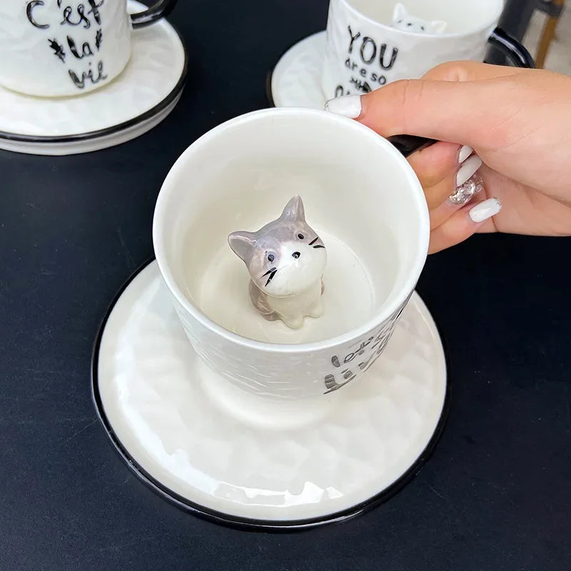 Hidden Kitten Cup and Saucer, Ceramic Coffee Cup With 3D Cat Inside