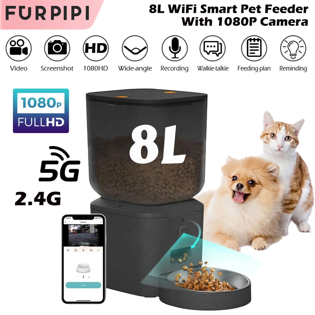 8L Automatic Cat Feeder With 1080p Camera, Wi-Fi App Control and Night Vision