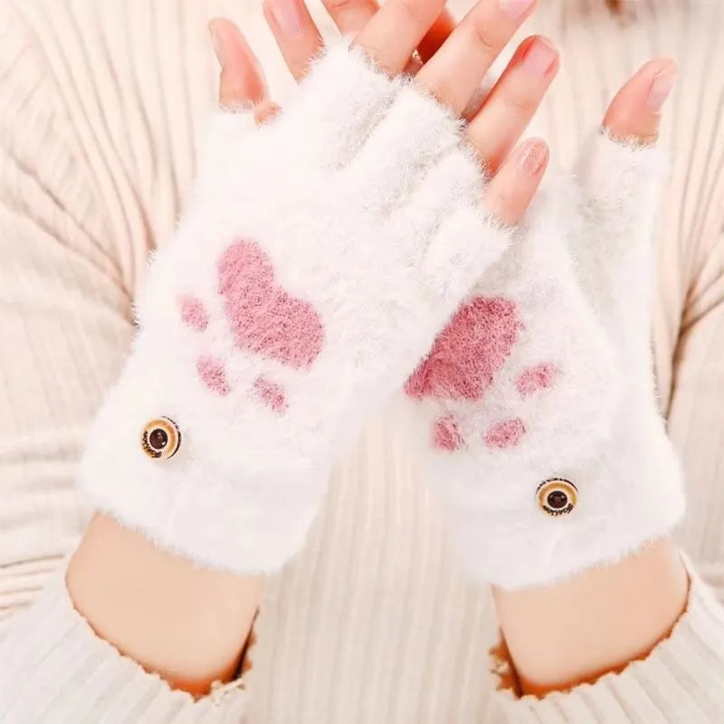 Fluffy Cat Claw Gloves for Women, Short Half-Finger Winter Gloves
