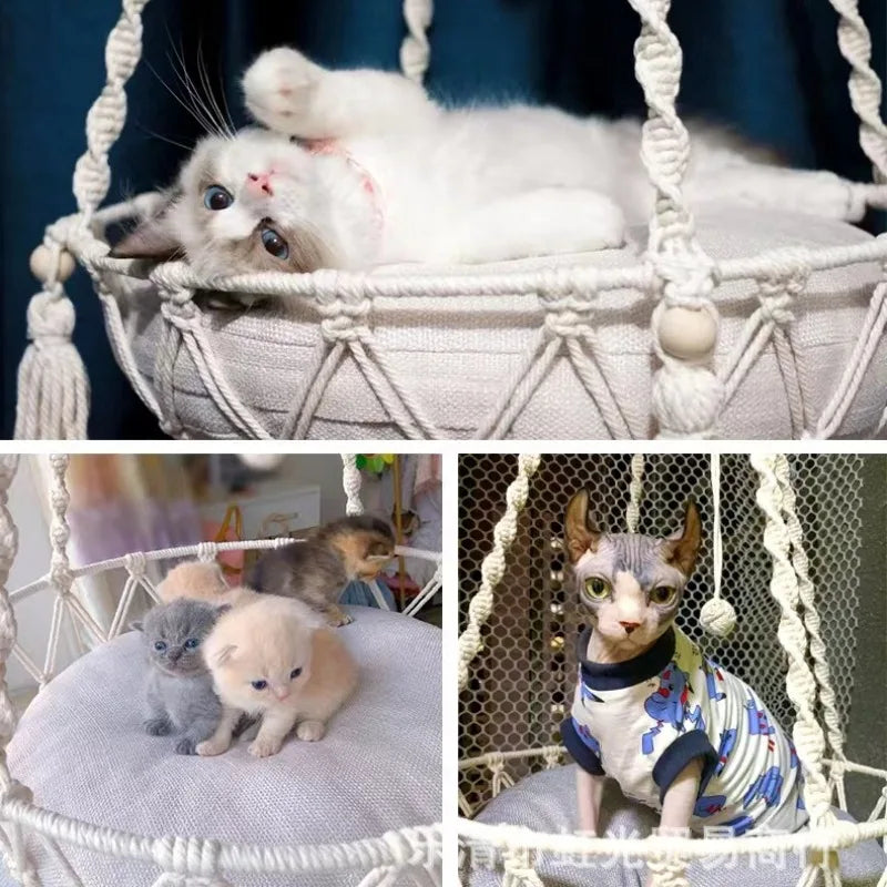 Handwoven Cotton Rope Cat Hammock Swing with Cushion