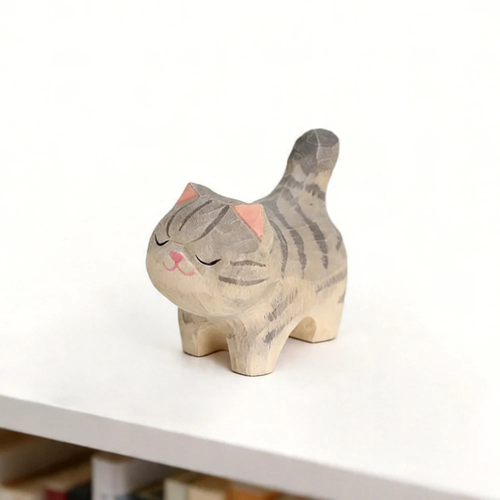 Hand-Carved Wooden Cat Figurine, 8 Breeds in Painted Basswood