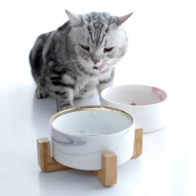 Marble Ceramic Cat Bowl With Wood Stand, Gray or Pink, Single or Double