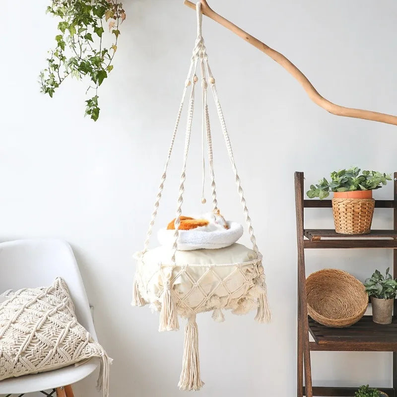 Handwoven Cotton Rope Cat Hammock Swing with Cushion