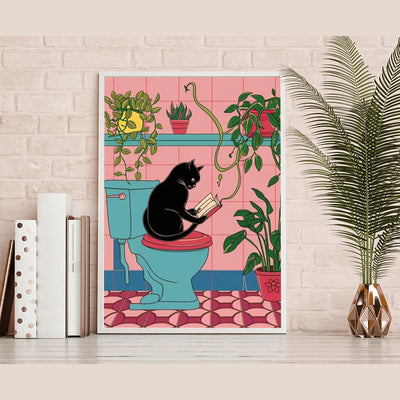 Funny Black Cat on Toilet Bathroom Wall Art Print