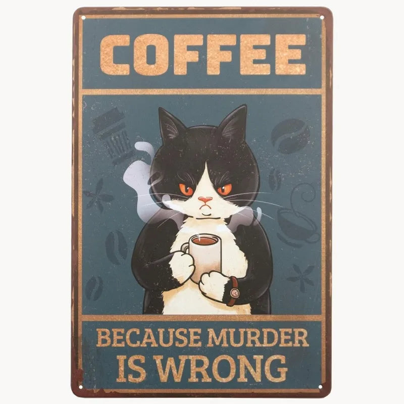 Coffee Cat Tin Sign, Retro Metal Kitchen and Cafe Wall Decor