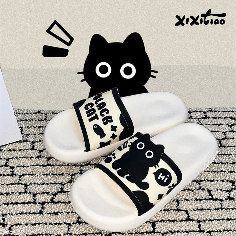Black Cat Shower Slides for Women, Thick Cushioned EVA Sole