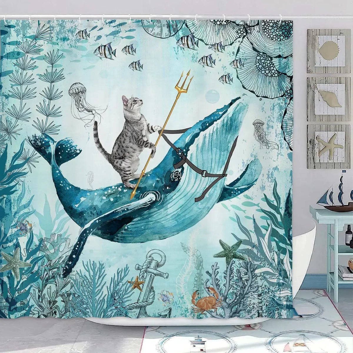 Cute Cat and Dinosaur Shower Curtain with 12 Hooks Included
