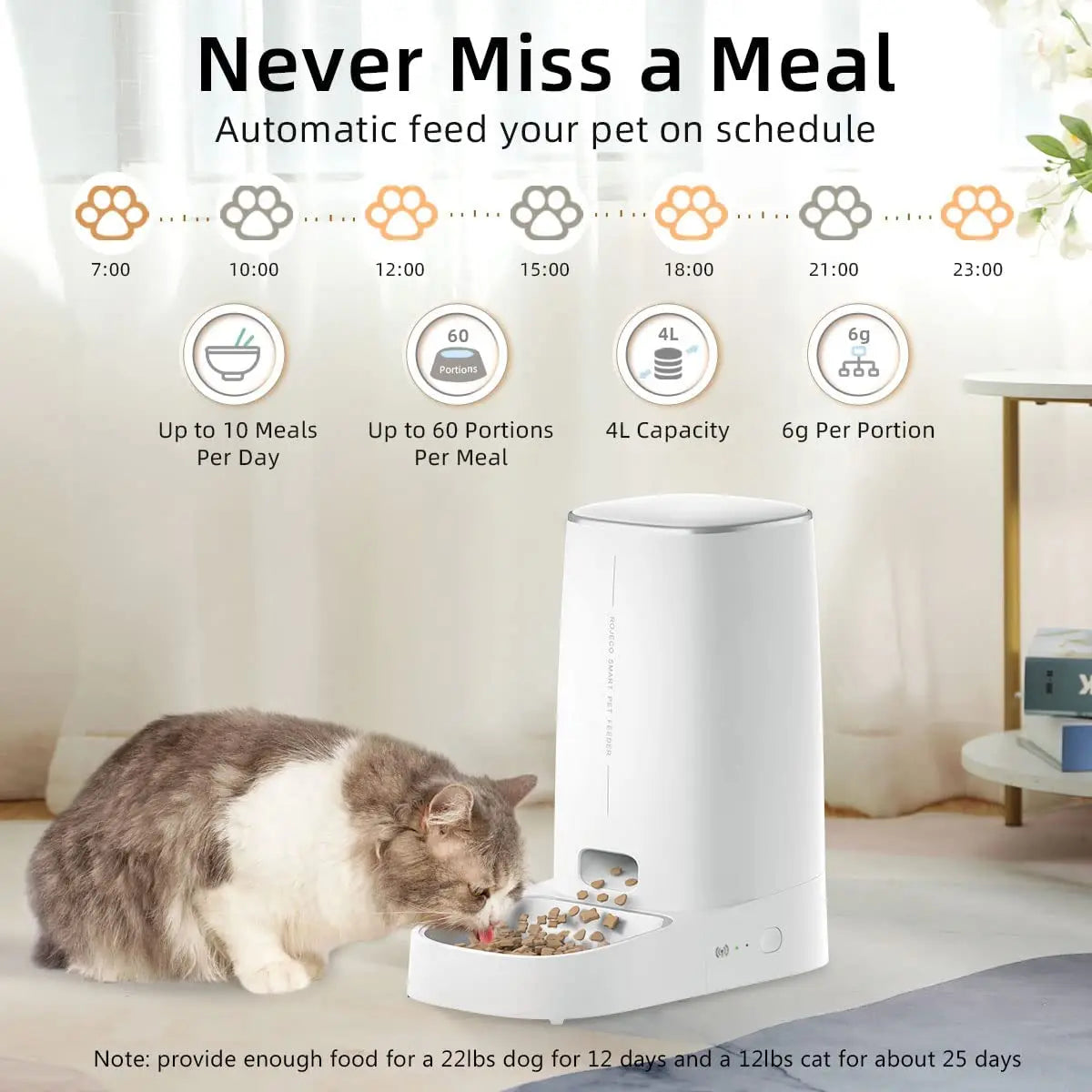 Automatic Cat Feeder With Wi-Fi App Control, 4 L Hopper and Stainless Steel Bowl