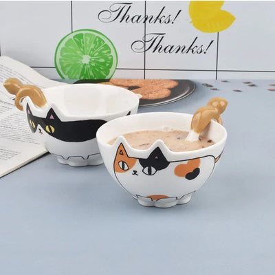 Calico Cat Ceramic Bowl With Cat Ear Rim, 4-Inch Rice and Snack Bowl