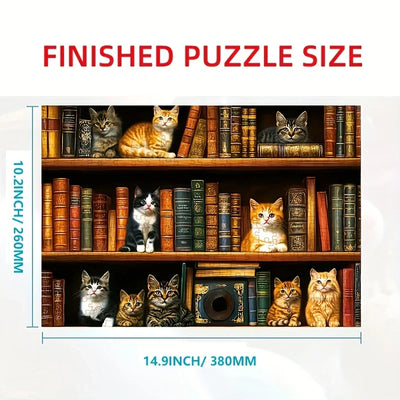 Cats on a Bookshelf Puzzle, 1000 Mini Pieces, 15 x 10 Inches