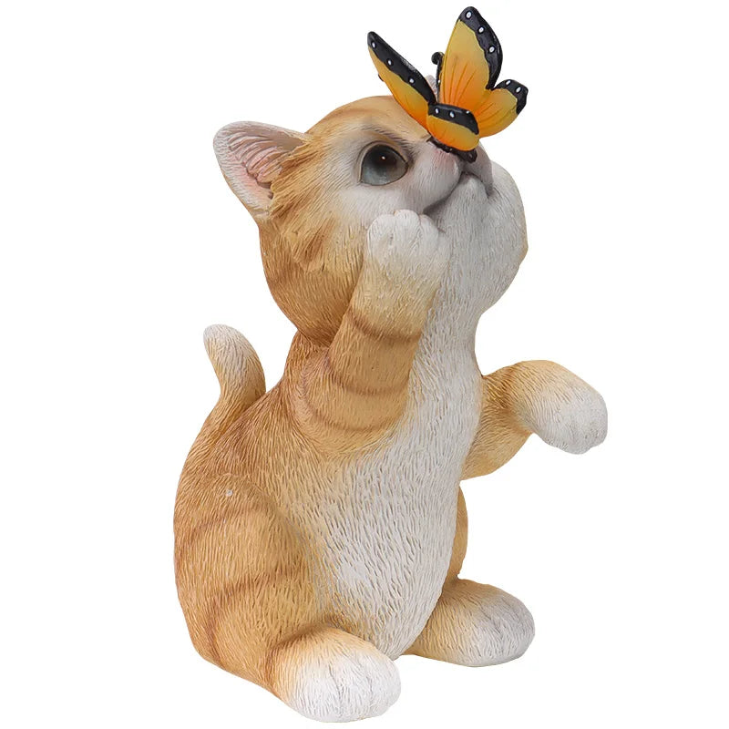 Solar Garden Cat Statue with Butterfly Light, Orange Tabby Kitten