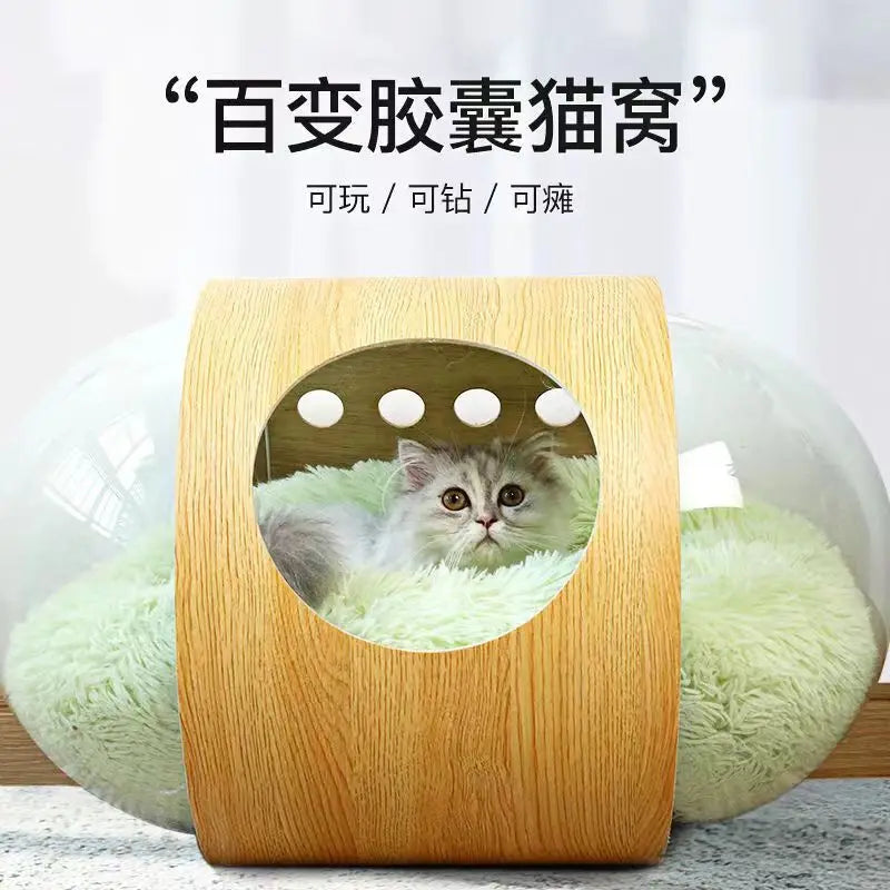 Space Capsule Cat Bed with Clear Dome and Scratching Post
