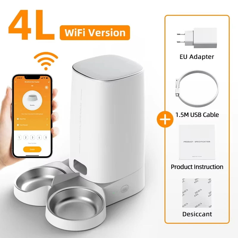 Automatic Cat Feeder With Wi-Fi App Control, 4 L Hopper and Stainless Steel Bowl