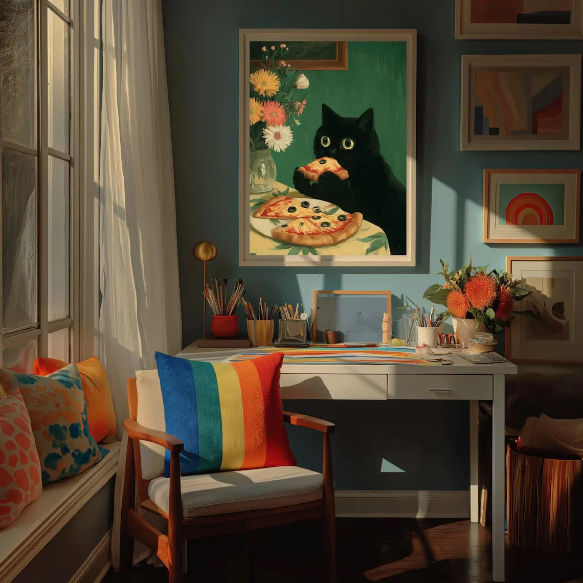 Funny Black Cat Kitchen Wall Art, Whimsical Food Lover Print
