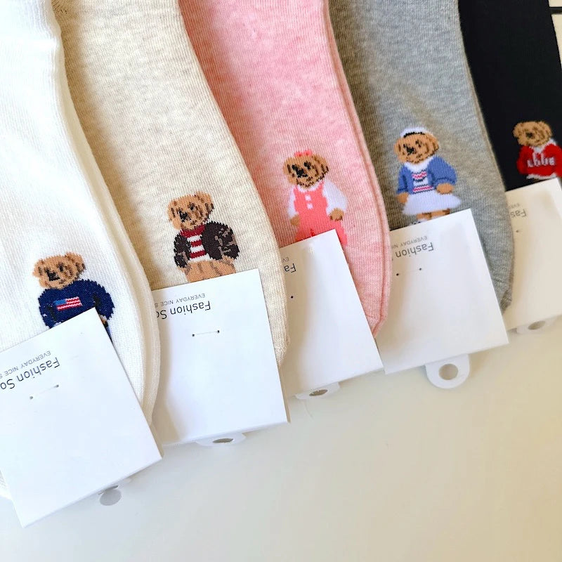 Cute Cartoon Bear Socks for Women, Cotton Blend Ankle Socks