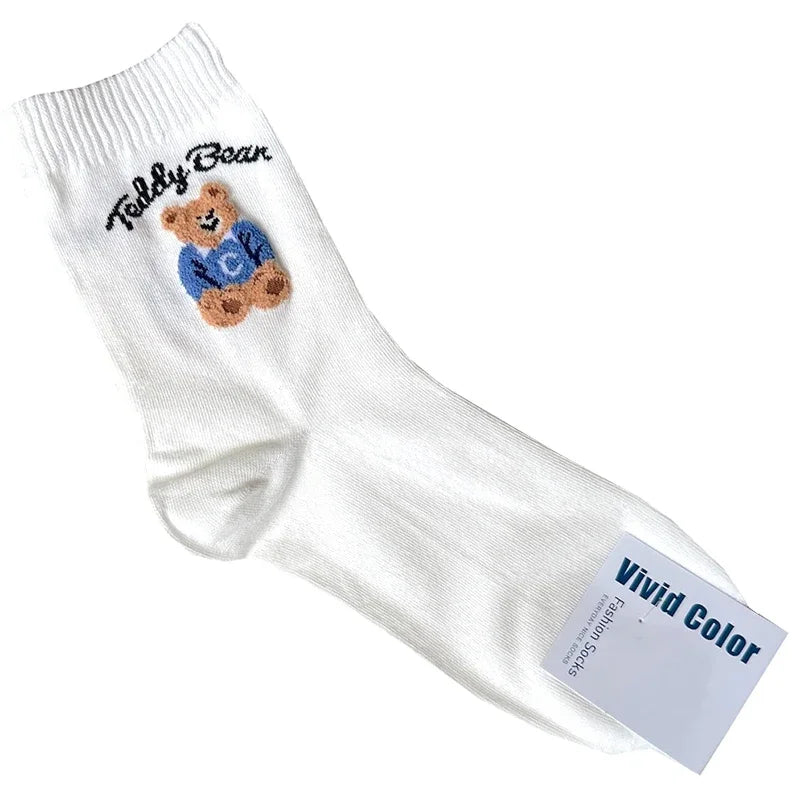 Cute Cartoon Bear Socks for Women, Cotton Blend Ankle Socks