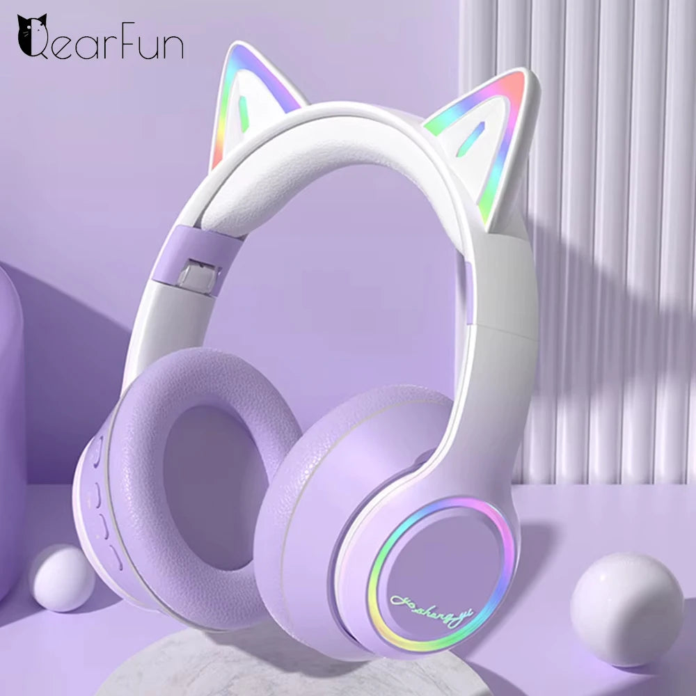 QearFun Cat Wallet Bluetooth Headphones – Cute Cat Ear Wireless Headset with Colorful LED Lights, Mic & Foldable Design