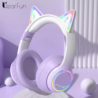 QearFun Cat Wallet Bluetooth Headphones – Cute Cat Ear Wireless Headset with Colorful LED Lights, Mic & Foldable Design