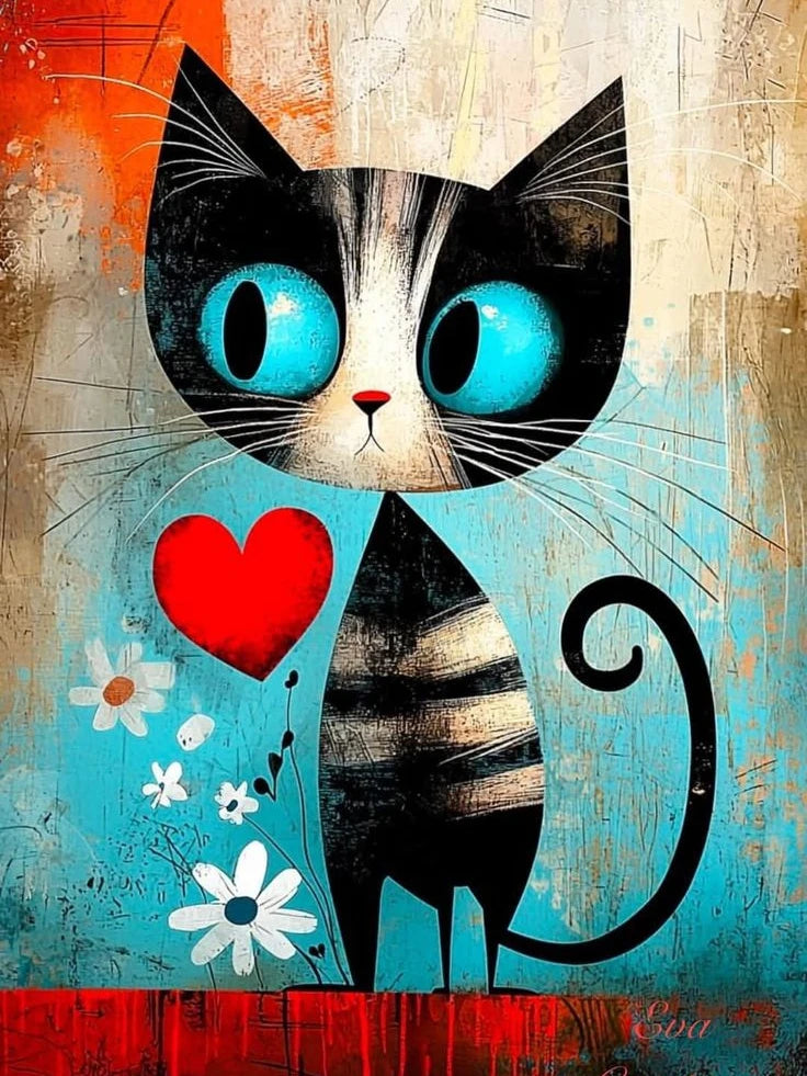 Geometric Cat Diamond Painting Kit, 5D Round Drill Wall Art