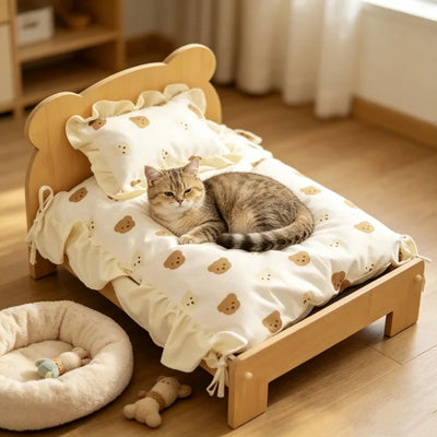 Wooden Cat Bed Frame with Teddy Bear Bedding and Pillow