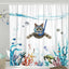 Funny Cat Riding a Shark Shower Curtain, Ocean Wave Bath Decor