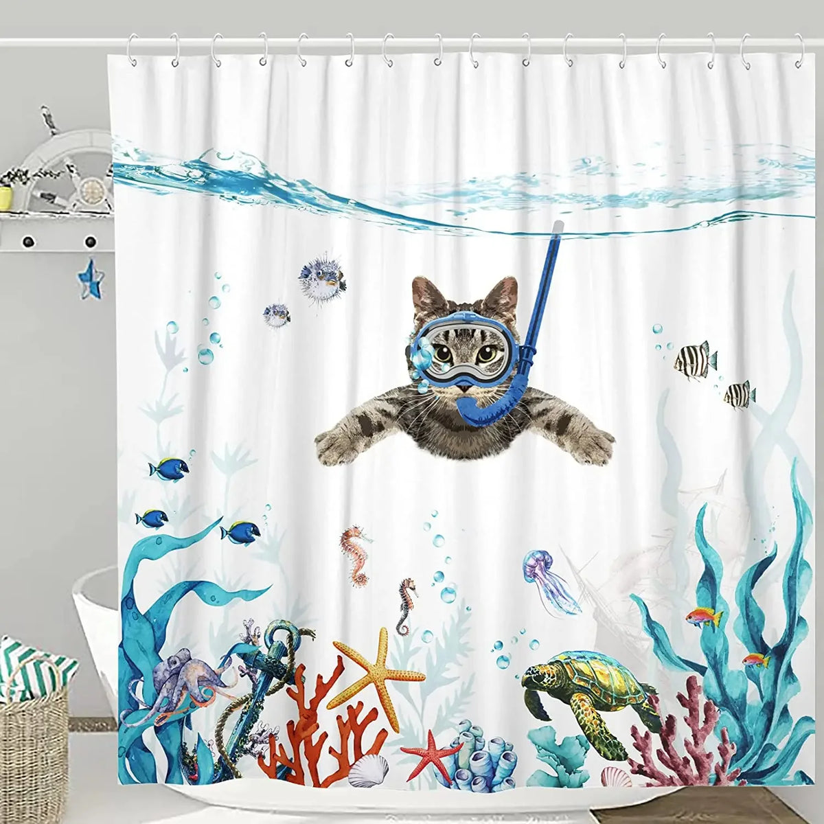 Shark Riding Cat Shower Curtain, Funny Gift for Cat Lovers