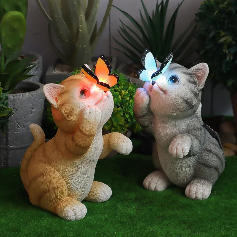 Solar Garden Cat Statue with Butterfly Light, Orange Tabby Kitten