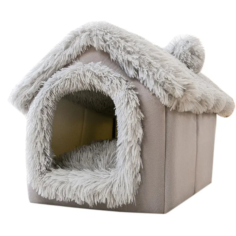 Shaggy Roof Cat House Bed with Fluffy Faux Fur Trim