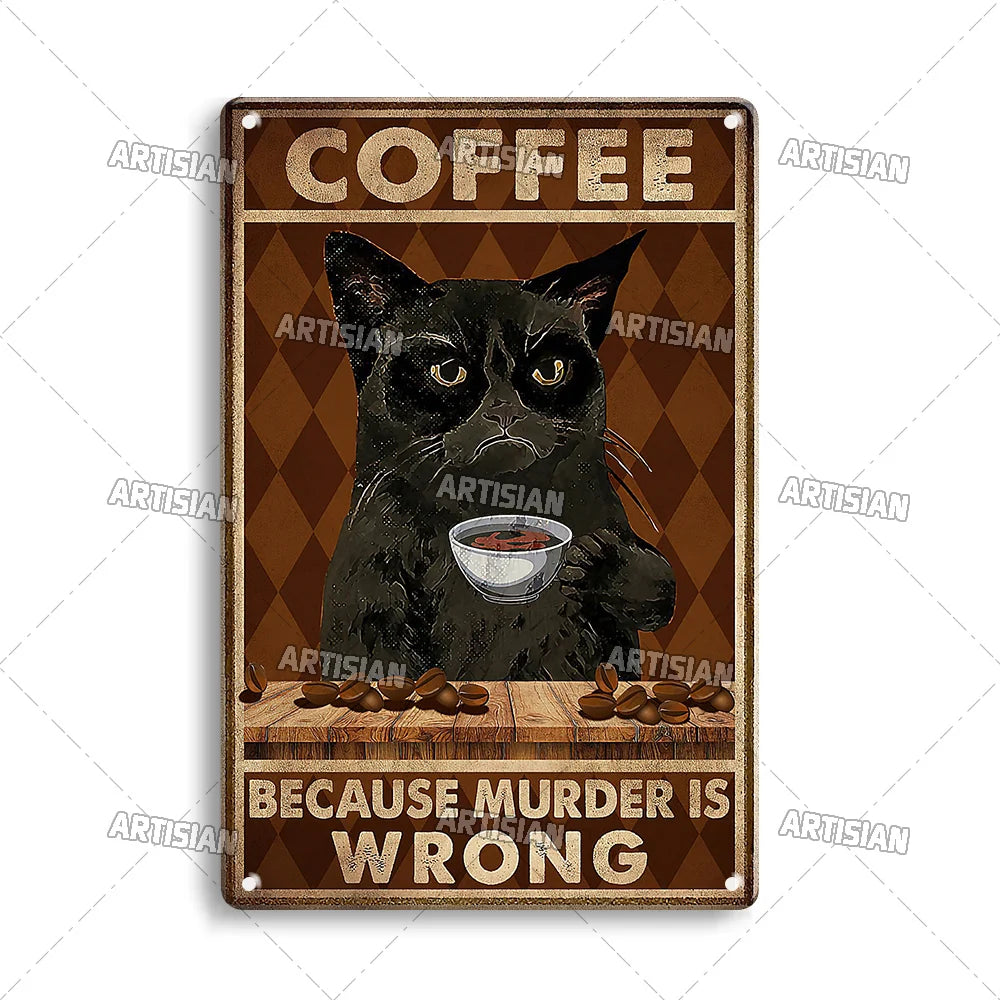 Black Cat Vintage Tin Plate, Horizontal Retro Wall Sign Gift