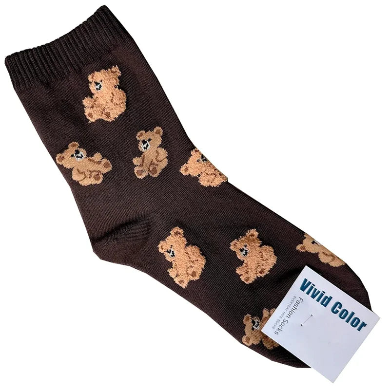 Cute Cartoon Bear Socks for Women, Cotton Blend Ankle Socks