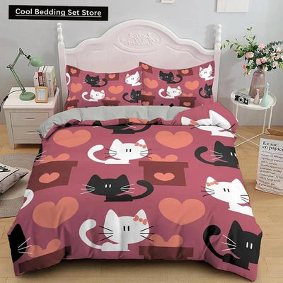 Cartoon Cat Duvet Cover Set, Single-Sided Print Bedding With 2 Pillowcases