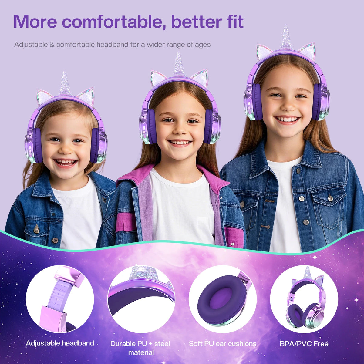 QearFun Cat Wallet Kids Bluetooth Headphones – Cat Ear & Unicorn Wireless Headset with Volume Limiting, 40mm Drivers & Mic