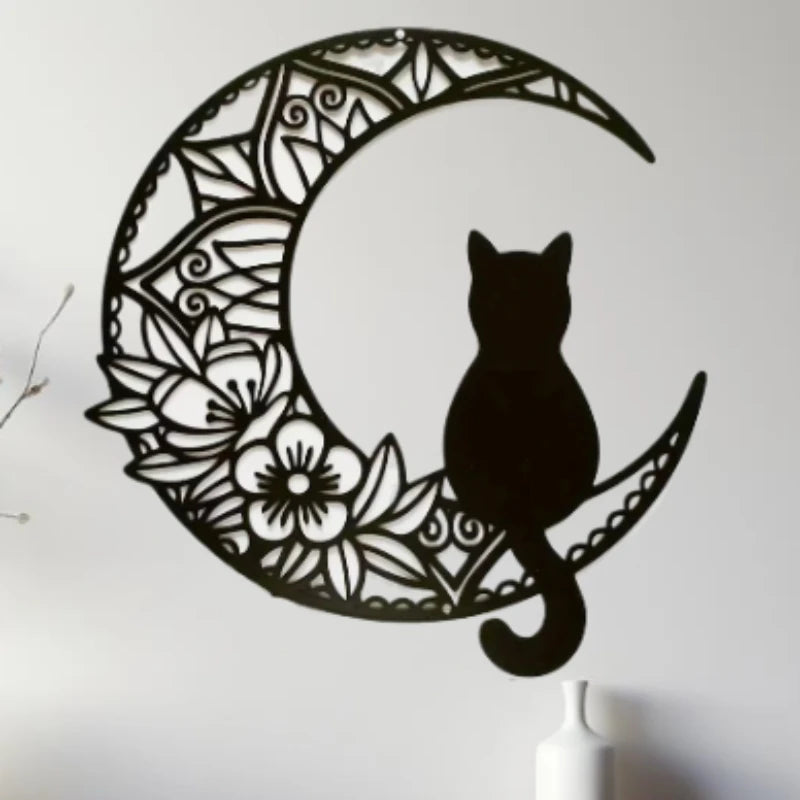 Black Cat on the Moon Metal Wall Art, Floral Crescent Decor